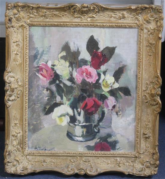 § Edward Wesson (1910-1983) Still lifes of flowers in a pottery jug and a pewter flagon, 15.5 x 13.5in.